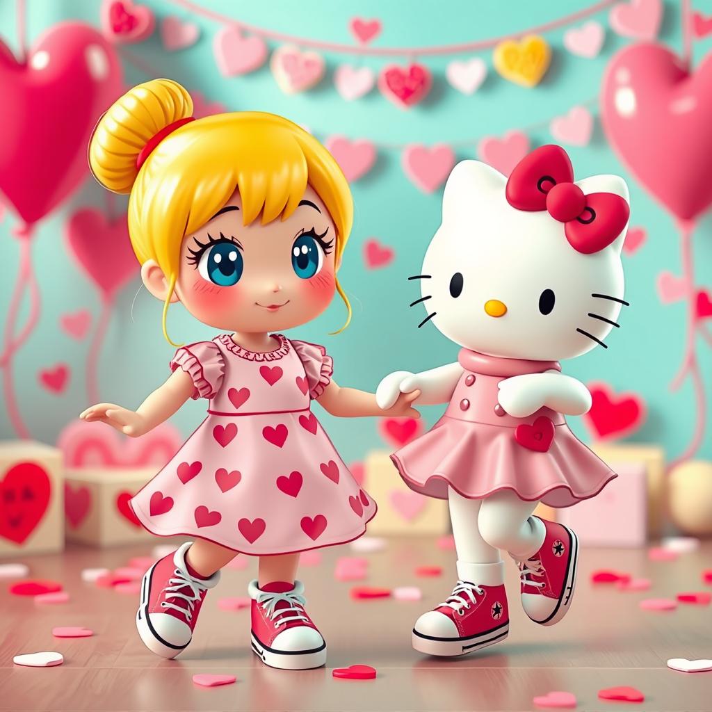A delightful scene of a Sanrio-inspired blonde girl with a cute bun hairstyle and sparkling blue eyes