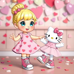 A delightful scene of a Sanrio-inspired blonde girl with a cute bun hairstyle and sparkling blue eyes