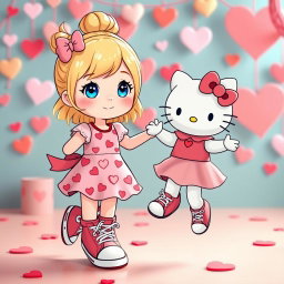 A delightful scene of a Sanrio-inspired blonde girl with a cute bun hairstyle and sparkling blue eyes