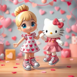 A delightful scene of a Sanrio-inspired blonde girl with a cute bun hairstyle and sparkling blue eyes