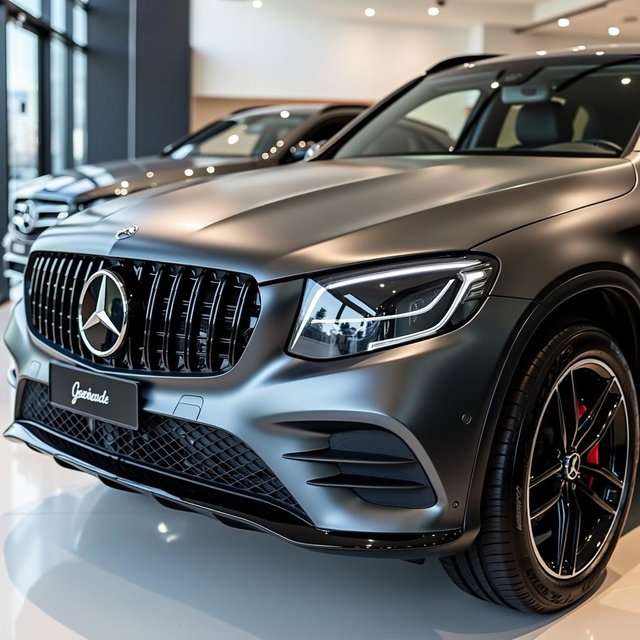 A fully detailed 2019 Mercedes-Benz GLC in matte graphite gray finish, showcasing its sleek and aerodynamic design