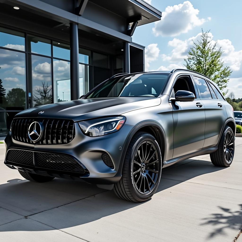 A 2019 Mercedes-Benz GLC displayed in a stunning matte graphite gray finish, highlighting its sharp and modern exterior design