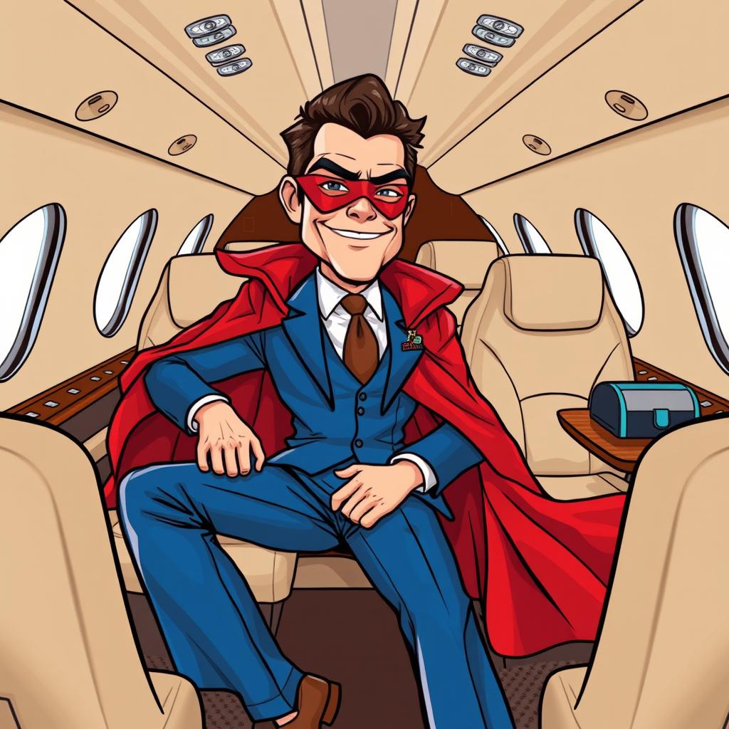 A cartoon man in a sharp blue suit, adorned with a flowing red cloak and a striking red mask, lounges comfortably in the opulent interior of a luxury private jet