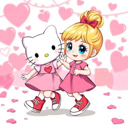 A whimsical scene featuring a Sanrio-inspired blonde girl with her hair styled in a bun and sparkling blue eyes