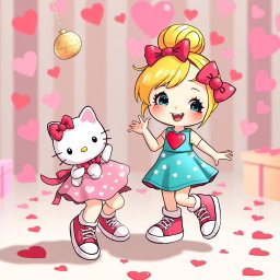 A whimsical scene featuring a Sanrio-inspired blonde girl with her hair styled in a bun and sparkling blue eyes