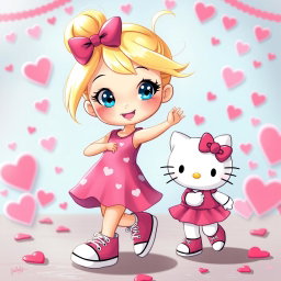 A whimsical scene featuring a Sanrio-inspired blonde girl with her hair styled in a bun and sparkling blue eyes