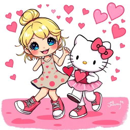 A whimsical scene featuring a Sanrio-inspired blonde girl with her hair styled in a bun and sparkling blue eyes