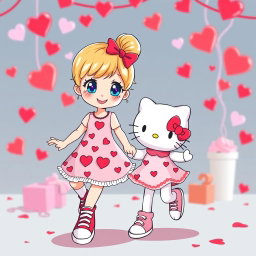A delightful scene featuring a Sanrio-inspired blonde girl with her hair styled in a bun and sparkling blue eyes