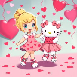 A delightful scene featuring a Sanrio-inspired blonde girl with her hair styled in a bun and sparkling blue eyes