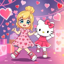A delightful scene featuring a Sanrio-inspired blonde girl with her hair styled in a bun and sparkling blue eyes