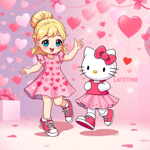A delightful scene featuring a Sanrio-inspired blonde girl with her hair styled in a bun and sparkling blue eyes
