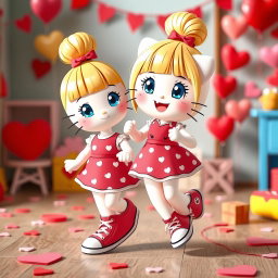 A delightful and cheerful scene featuring a Sanrio-inspired blonde girl with her hair styled in a bun without bangs and sparkling blue eyes