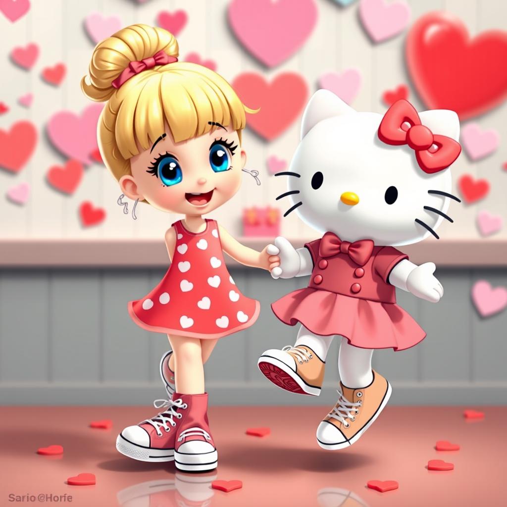 A delightful and cheerful scene featuring a Sanrio-inspired blonde girl with her hair styled in a bun without bangs and sparkling blue eyes