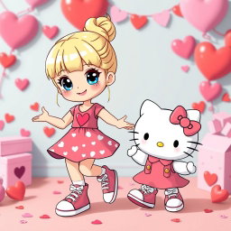 A delightful and cheerful scene featuring a Sanrio-inspired blonde girl with her hair styled in a bun without bangs and sparkling blue eyes