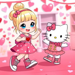 A delightful and cheerful scene featuring a Sanrio-inspired blonde girl with her hair styled in a bun without bangs and sparkling blue eyes