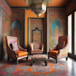 Two chairs, masterfully designed, against the backdrop of modern Islamic decor, accented with vivid colors and intricate geometric patterns.