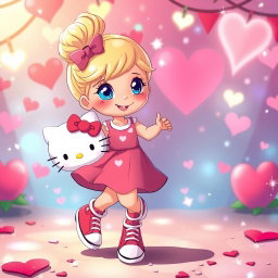 A whimsical and enchanting scene featuring a Sanrio-inspired blonde girl with her hair styled in a bun and sparkling blue eyes