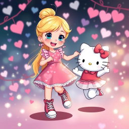 A whimsical and enchanting scene featuring a Sanrio-inspired blonde girl with her hair styled in a bun and sparkling blue eyes