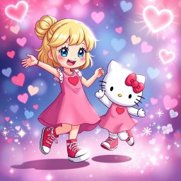 A whimsical and enchanting scene featuring a Sanrio-inspired blonde girl with her hair styled in a bun and sparkling blue eyes