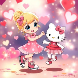 A whimsical and enchanting scene featuring a Sanrio-inspired blonde girl with her hair styled in a bun and sparkling blue eyes