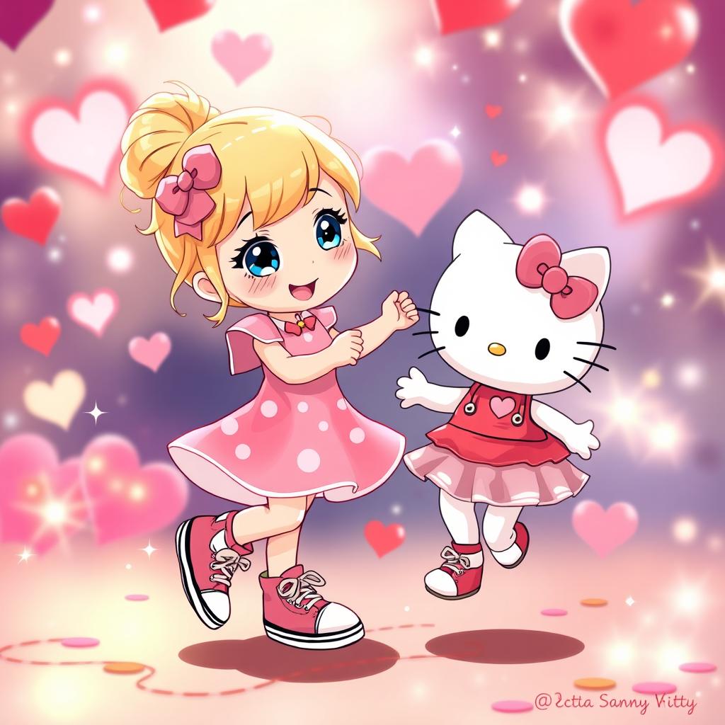 A whimsical and enchanting scene featuring a Sanrio-inspired blonde girl with her hair styled in a bun and sparkling blue eyes