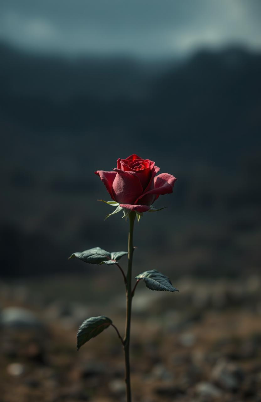 A solitary rose in the center of the image, its petals mostly fallen off, revealing a stark yet beautiful flower surrounded by sharp thorns
