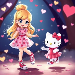 A whimsical scene showcasing a Sanrio-inspired blonde girl with her hair styled in a bun and bright blue eyes