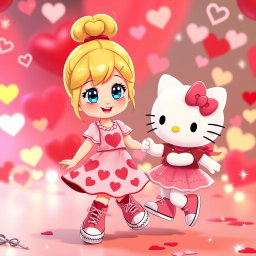 A whimsical scene showcasing a Sanrio-inspired blonde girl with her hair styled in a bun and bright blue eyes