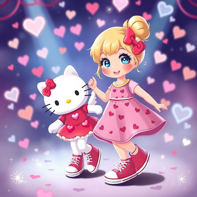 A whimsical scene showcasing a Sanrio-inspired blonde girl with her hair styled in a bun and bright blue eyes