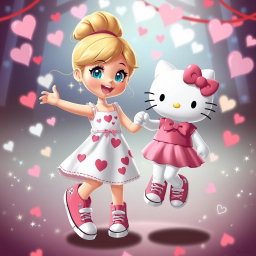 A whimsical scene showcasing a Sanrio-inspired blonde girl with her hair styled in a bun and bright blue eyes