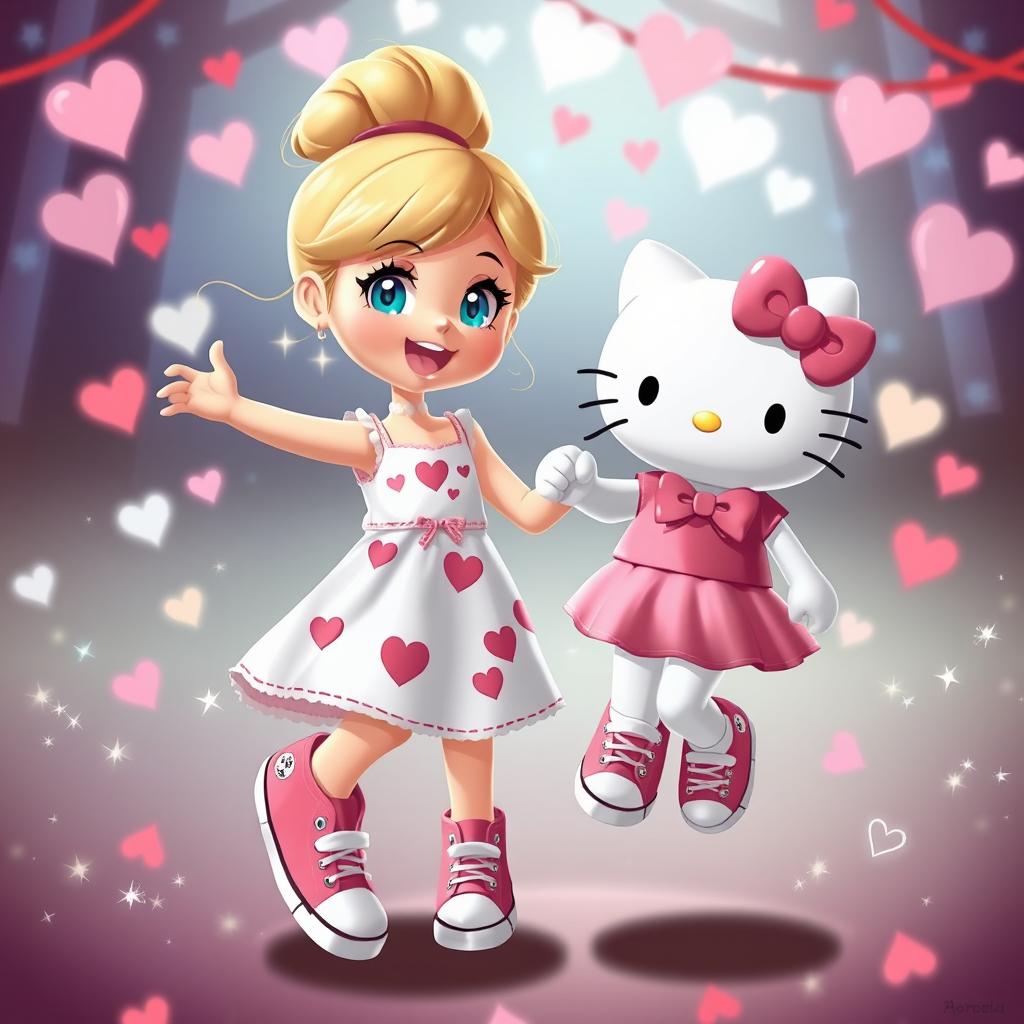 A whimsical scene showcasing a Sanrio-inspired blonde girl with her hair styled in a bun and bright blue eyes