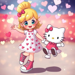 A vibrant and whimsical scene featuring a Sanrio-inspired blonde girl with her hair styled in a bun and bright blue eyes