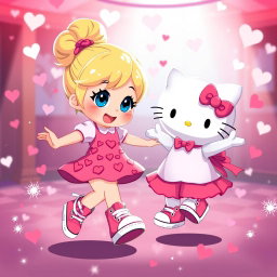 A vibrant and whimsical scene featuring a Sanrio-inspired blonde girl with her hair styled in a bun and bright blue eyes