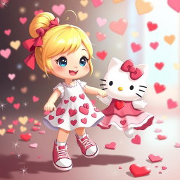 A vibrant and whimsical scene featuring a Sanrio-inspired blonde girl with her hair styled in a bun and bright blue eyes