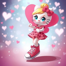 A vibrant and whimsical scene featuring a Sanrio-inspired blonde girl with her hair styled in a bun and bright blue eyes
