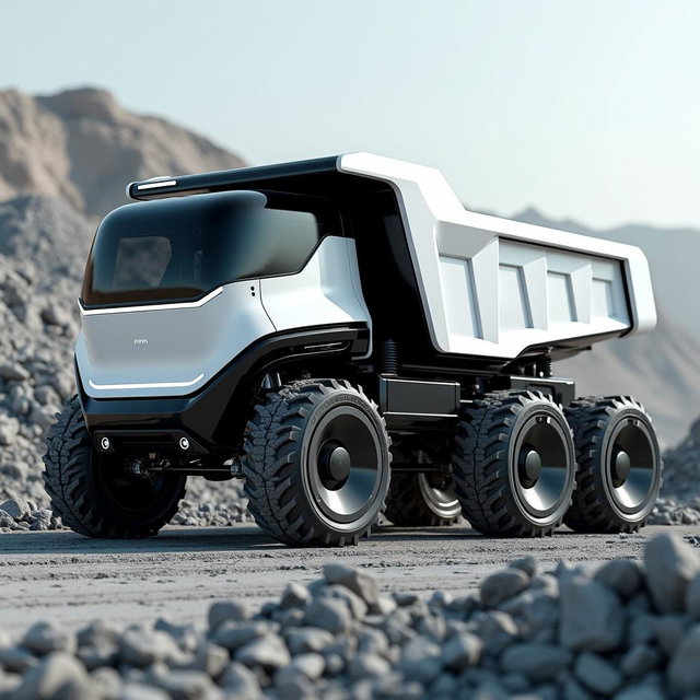 A futuristic electric dump truck designed to have a capacity of 15 cubic meters, featuring a sleek and modern aesthetic