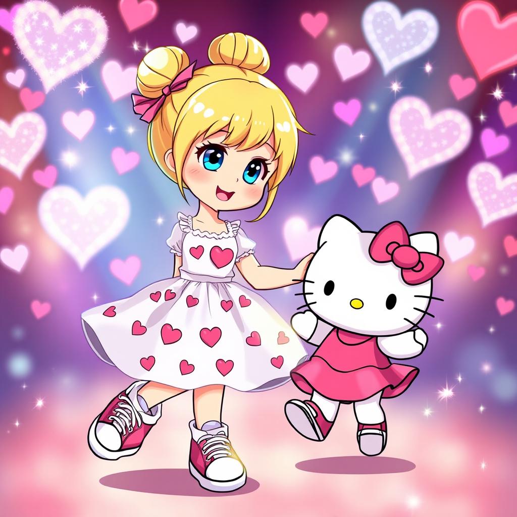 A delightful and colorful scene depicting a Sanrio-inspired blonde girl with her hair styled in a bun and bright blue eyes