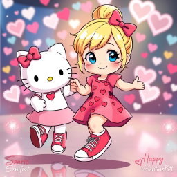 A delightful and colorful scene depicting a Sanrio-inspired blonde girl with her hair styled in a bun and bright blue eyes