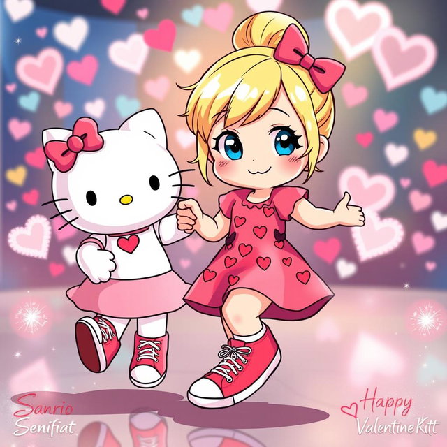 A delightful and colorful scene depicting a Sanrio-inspired blonde girl with her hair styled in a bun and bright blue eyes