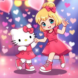 A delightful and colorful scene depicting a Sanrio-inspired blonde girl with her hair styled in a bun and bright blue eyes