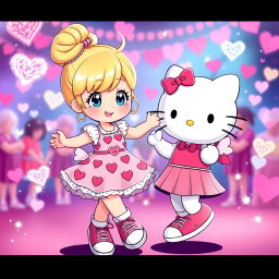 A delightful and colorful scene depicting a Sanrio-inspired blonde girl with her hair styled in a bun and bright blue eyes