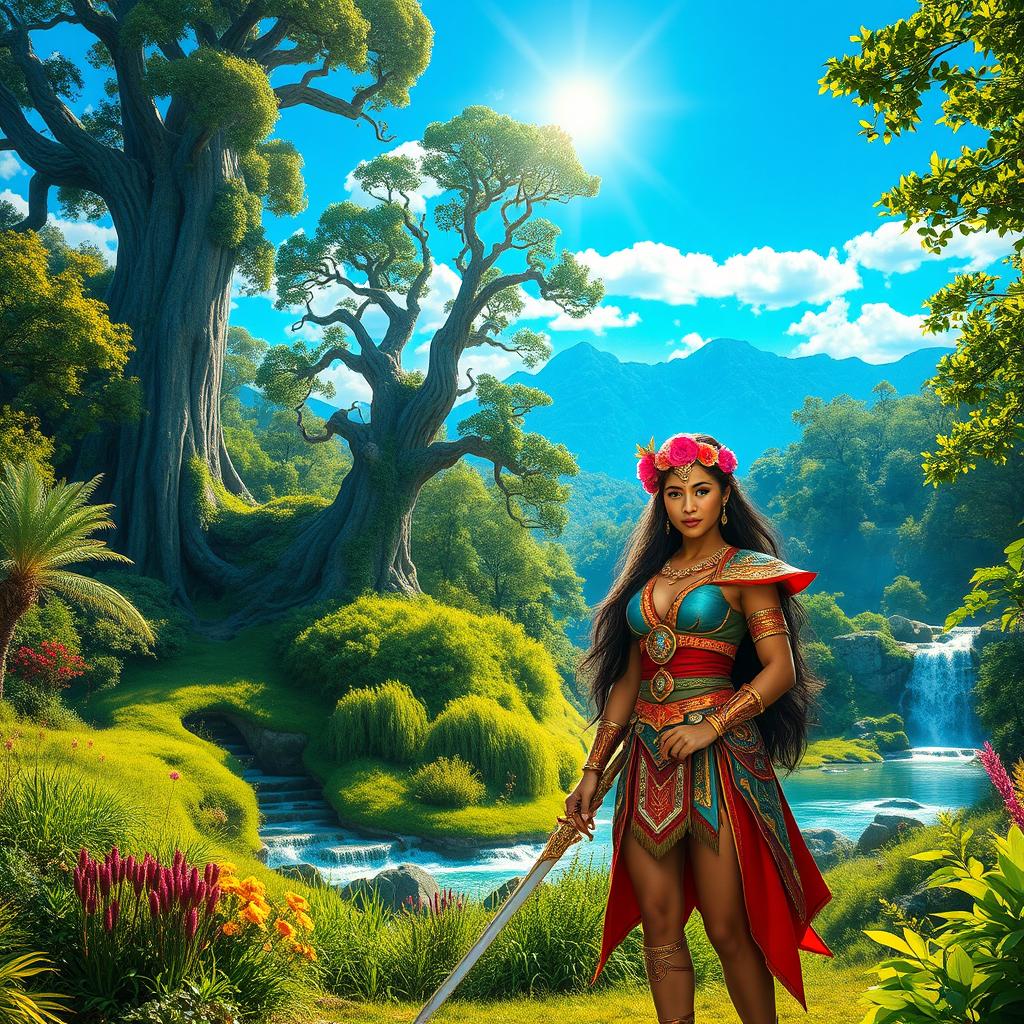 A mystical landscape featuring vibrant, lush greenery, towering ancient trees, and a serene flowing river under a bright blue sky