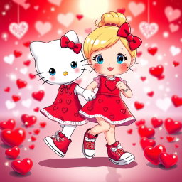 A vibrant and whimsical scene showcasing a Sanrio-inspired blonde girl with her hair styled in a bun and bright blue eyes
