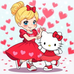 A vibrant and whimsical scene showcasing a Sanrio-inspired blonde girl with her hair styled in a bun and bright blue eyes