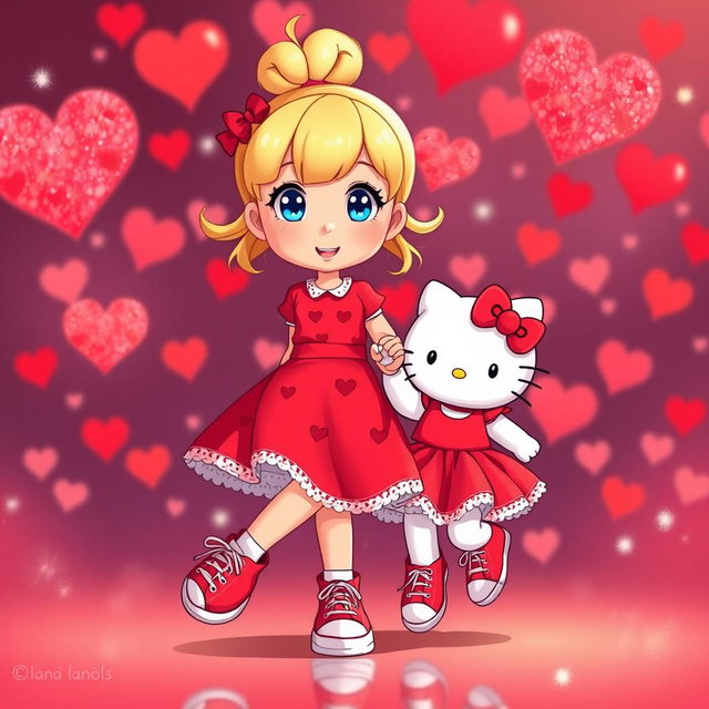 A vibrant and whimsical scene showcasing a Sanrio-inspired blonde girl with her hair styled in a bun and bright blue eyes