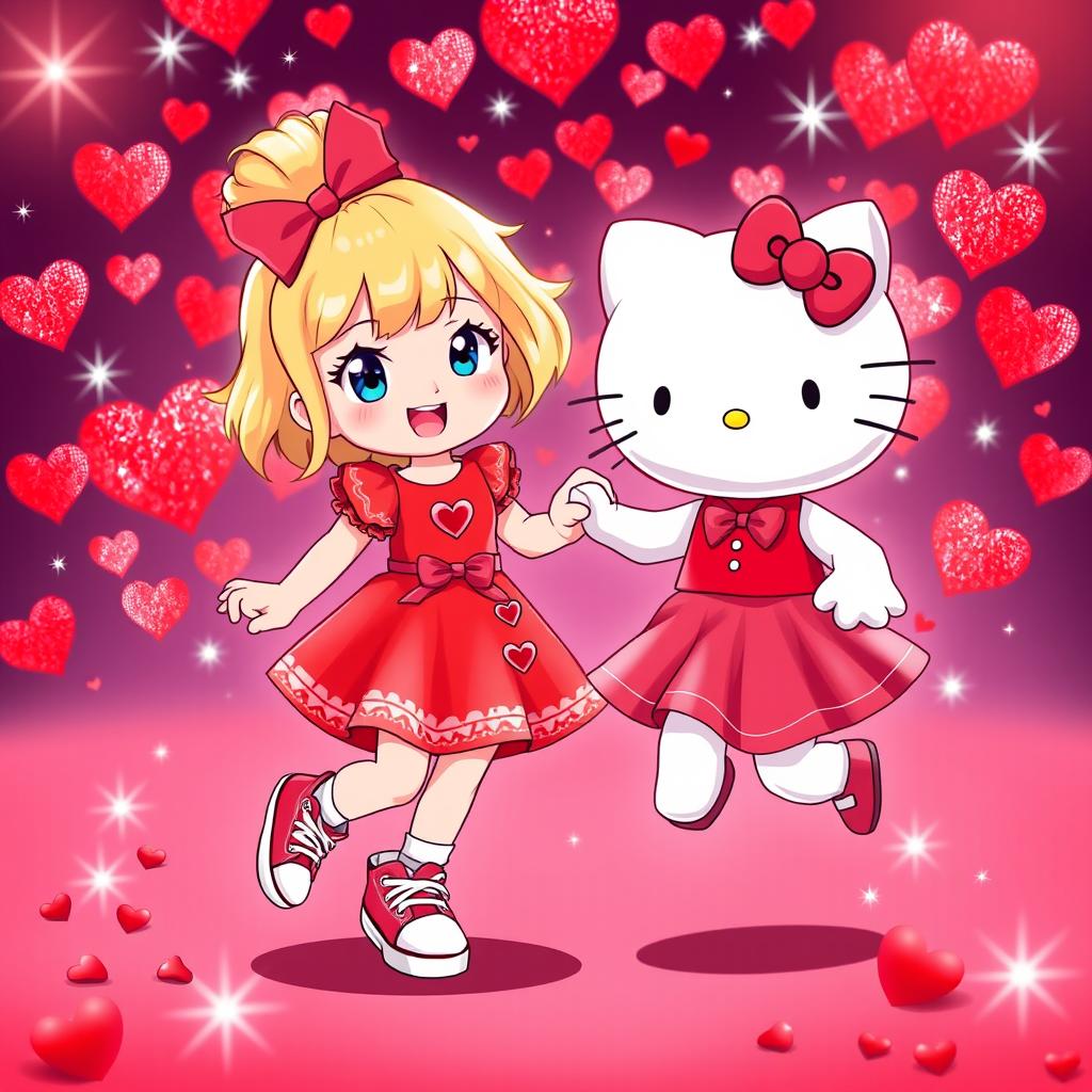 A vibrant and whimsical scene showcasing a Sanrio-inspired blonde girl with her hair styled in a bun and bright blue eyes