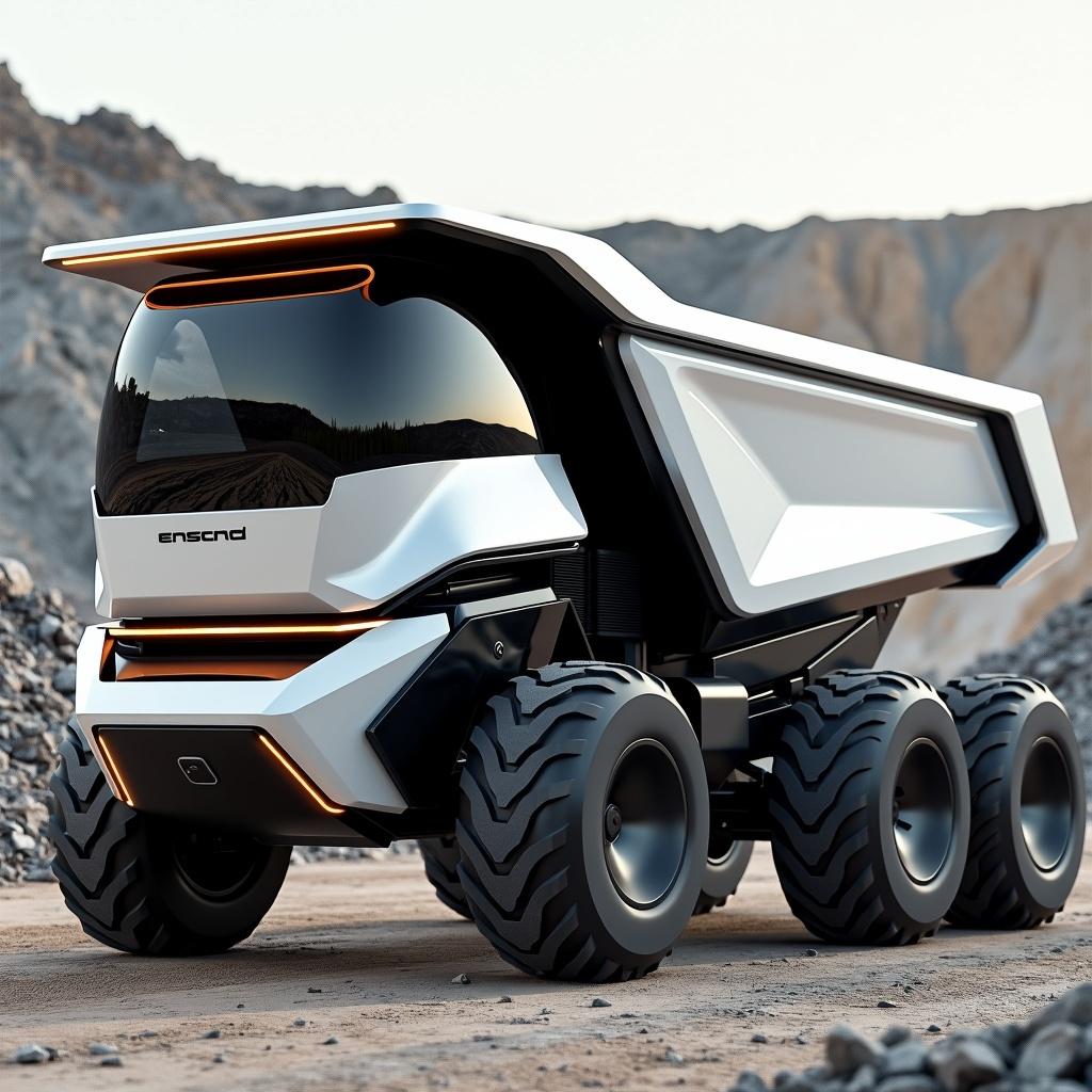 A futuristic electric dump truck with a sleek, modern design, showcasing a capacity of 15 cubic meters