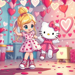 A lively and enchanting scene depicting a Sanrio-inspired blonde girl with her hair styled in a bun and sparkling blue eyes