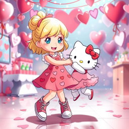 A lively and enchanting scene depicting a Sanrio-inspired blonde girl with her hair styled in a bun and sparkling blue eyes