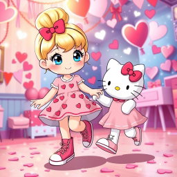A lively and enchanting scene depicting a Sanrio-inspired blonde girl with her hair styled in a bun and sparkling blue eyes